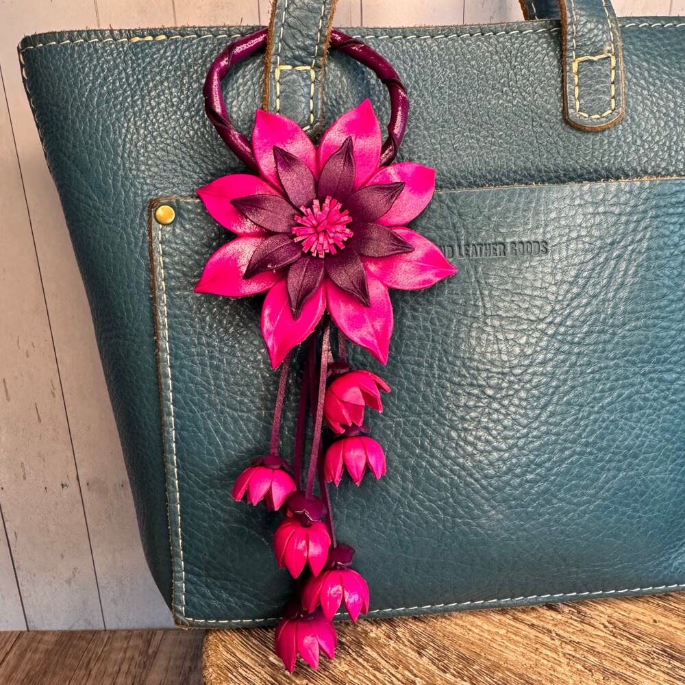 Bright Pink Daisy Leather Flower Purse Charm Genuine Leather Pink Bag Charm